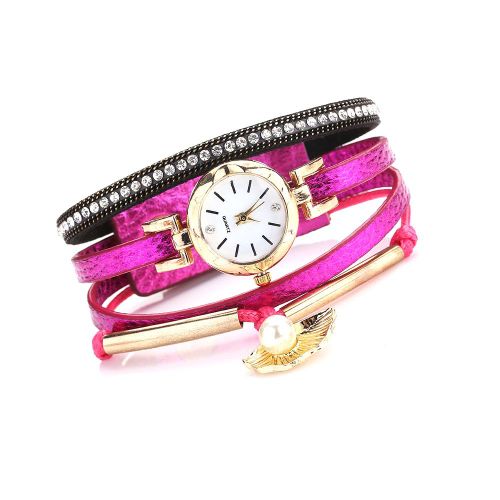 Montre-Bracelet A Quartz Tendance Pour Femme Avec Bracelet En Cuir Synthetique Et Fausses Perles (Rose Rouge)