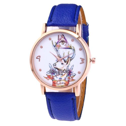Montre Zhoulianfa A Motif Cerf Pour Homme Et Femme, Cadran Rond, Affichage Analogique, Quartz, Bleu