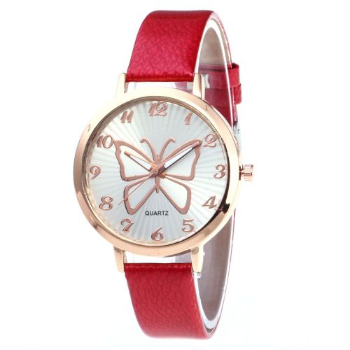 Montre-Bracelet A Quartz Zhoulianfa Pour Femme, Bracelet En Pu, Motif Papillon (Rouge)