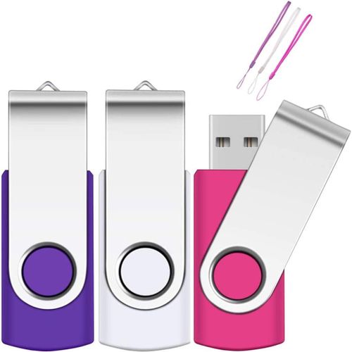 Lot de 3 Clé USB 64 Go Clef USB 2.0 Flash Drive Stockage Pivotantes Disque Mémoire Stick avec Cordes(Rose Blanc Violet)