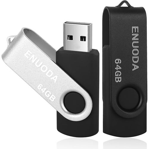 Clé USB 64 Go Lot de 2 Cle USB 2.0 Flash Drive Stockage Rotation Disque Mémoire Stick (Argent Noir)