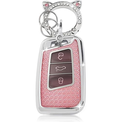 Coque de Clé de Voiture pour VW¿Accessoire Voiture Compatible avec VW Volkswagen Golf 7 Tiguan T-ROC T-Cross Polo Seat Ateca Ibiza Leon Skoda Octavia Fabia Kamiq¿Keyless¿Smart Key (Rose)