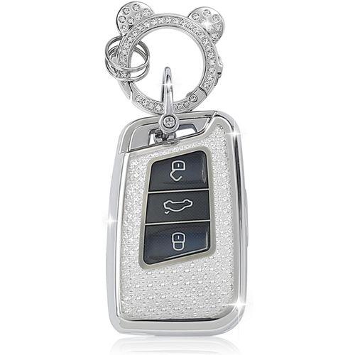 Coque de Clé de Voiture pour VW¿Accessoire Voiture Compatible avec VW Volkswagen Golf 7 Tiguan T-ROC T-Cross Polo Seat Ateca Ibiza Leon Skoda Octavia Fabia Kamiq¿Keyless¿Smart Key (Argent)