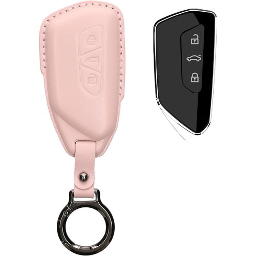 Accessoire Clef De Voiture Compatible Avec Vw Golf 8 3-Bouton Coque-Coque Clé De Voiture En Cuir Véritable Avec Porte-Clés-Rose Ancien