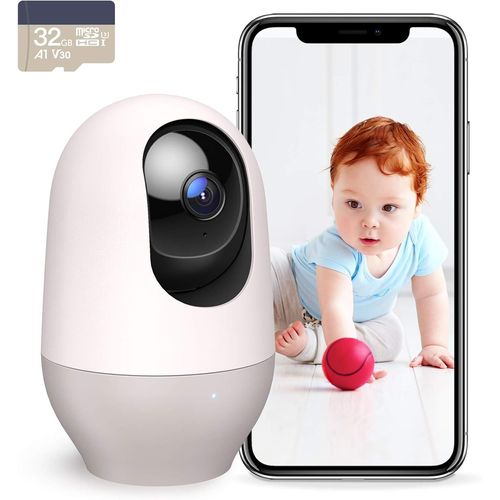 Surveillance Camera With 32Gb Micro Sd Card, 2K Indoor Wifi Ip Camera, 360°Pan/Tilt, Night Vision, Motion Detection, Two-Way Audio, Compatible With Alexa