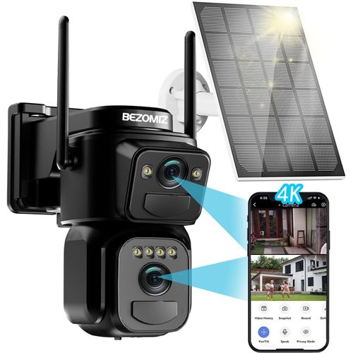 4K Caméra Surveillance Wifi Extérieure À Double Objectif,360° Ptz Caméra Ip,8Mp Détection Humaine Avec Panneau Solaire,Suivi Automatique,Vision Nocturne Couleur 30M,Étanche,Audio (Noir)