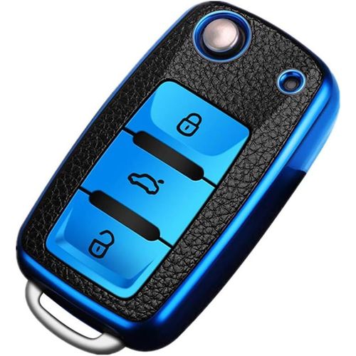 Étui De Housse De Clé De Voiture En Tpu + Cuir Compatible Avec Volkswagen Vw Bora Beetle Tiguan Polo Passat B5 B6 Mk5 6 Jetta Eos Seat Sagitar Golf 6 3 Boutons (Bleu)