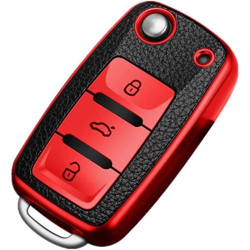 Étui De Housse De Clé De Voiture En Tpu + Cuir Compatible Avec Volkswagen Vw Bora Beetle Tiguan Polo Passat B5 B6 Mk5 6 Jetta Eos Seat Sagitar Golf 6 3 Boutons (Rouge)