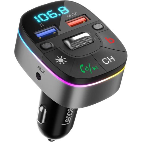 Transmetteur FM Bluetooth Voiture 5,0,Allume Cigare Chargeur de Voiture QC3,0,Adaptateur de Musique Radio AUX,Double Micro et Son de Basse,Appels Mains Libres,Siri et Google Assistant