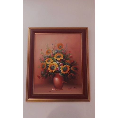 Véritable Tableau À L'Huile Bouquet De Tournesol De Monsieur G.Benalt.