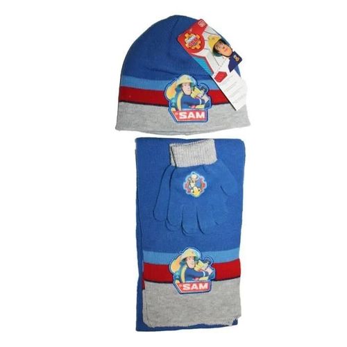 Ensemble Bonnet Gants Écharpe - Sam Le Pompier - Bleu Gris Rouge - 100% Acrylique - Taille Unique - Hiver