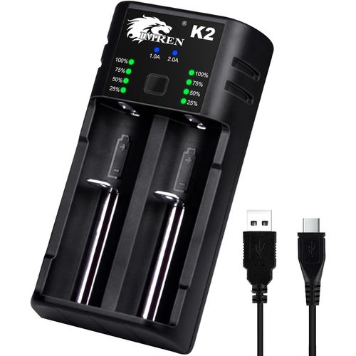 Chargeur de Batterie 18650,2 A Rapide Chargeur Pile pour 3.7V Li-ION 18650 10440 14500 14650 18500 18350 18700 26650 1.2V Ni-MH/Ni-CD AA AAA C (2 Baies)