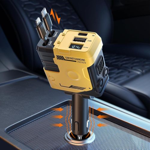 Chargeur Voiture Rétractable,4 En 1 Chargeur Allume Cigare,Accessoire Voiture Interieur,Adaptateur Prise Allume Cigare Usb C Pour Iphone,Samsung,Android Telephone Tablette Automobile,Jaune