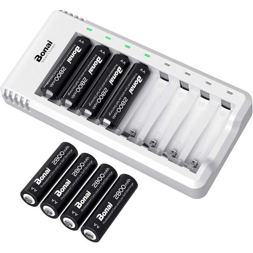 Chargeur Piles Rechargeable,Avec 8 Piles Aa 2800mah À Haute Capacité Ni-Mh Batterie Rechargeable,Faible Autodécharge-Charge Rapide,Protection De Charge Intelligente