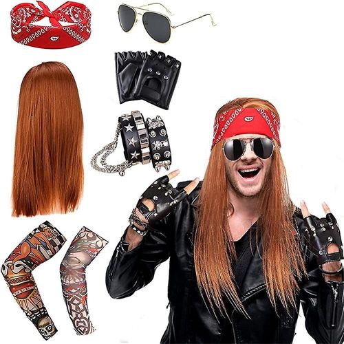 Années 1980 Hommes Metal Rocker Rockstar Rock N Roll Accessoires De Costume Années 70 Années 80 Accessoires Ensemble Bandeau Tatouage Manchette Gants Punk Bracelet 6 Pièces
