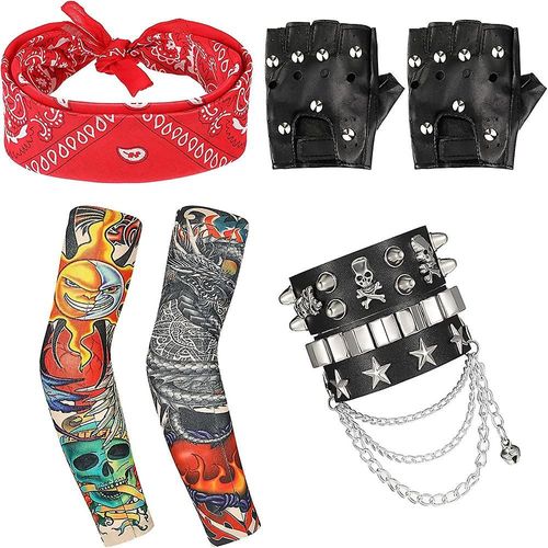 Années 1980 Hommes Metal Rocker Rockstar Rock N Roll Accessoires De Costume Années 70 Années 80 Accessoires Ensemble Bandeau Tatouage Manchette Gants Punk Bracelet 5 Pièces