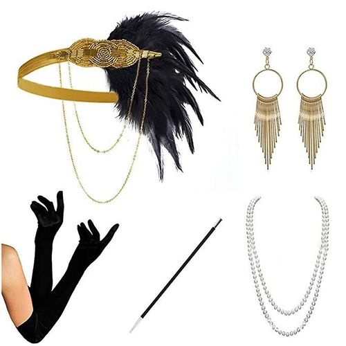 Années 1920 Flapper Accessoires Gatsby Costume Fournitures Ensemble Années 20 Flapper Bandeau Collier De Perles Boucles D'oreilles Gants En Plastique Pipe À Tabac Or B