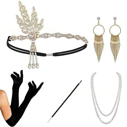 Années 1920 Flapper Accessoires Gatsby Costume Fournitures Ensemble Années 20 Flapper Bandeau Collier De Perles Boucles D'oreilles Gants En Plastique Pipe À Tabac Or A