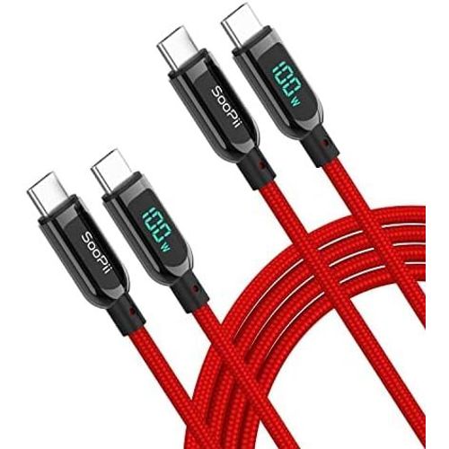 Câble USB C,100W Câble Type C en Charge Rapide Nylon Tressé Câble avec affichage LED pour Huawei P40,P30,P20 Lite,Mate 40/30/20/20 Pro(1.2m/2m) (Rouge,3m 2Pack)