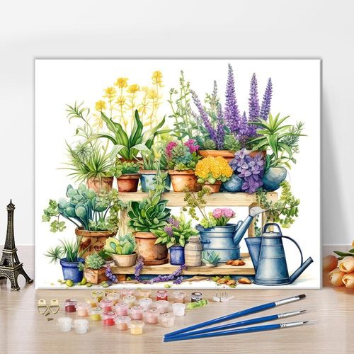 KALANKA-Peinture par numéros pour adultes débutants, fleurs en pot de fleurs, scène de jardin avec différents jardins - Impressions sur toile artistiques, pour salon 40 x 50 cm