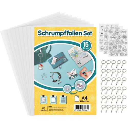 KALANKA-Lot de 15 feuilles de film thermorétractable avec 30 anneaux porte-clés A4 film plastique rétractable avec motifs transparents pour travaux manuels
