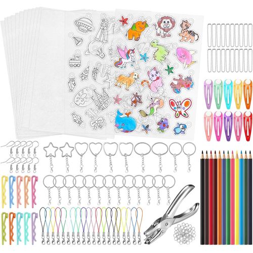 KALANKA-Lot de 15 feuilles de film rétractable, 12 vierges+3 films rétractables A4 avec boucle pour clés, crayon, pinces à cheveux filles, perforatrice pour enfants, cadeaux de Noël, artisanat (171