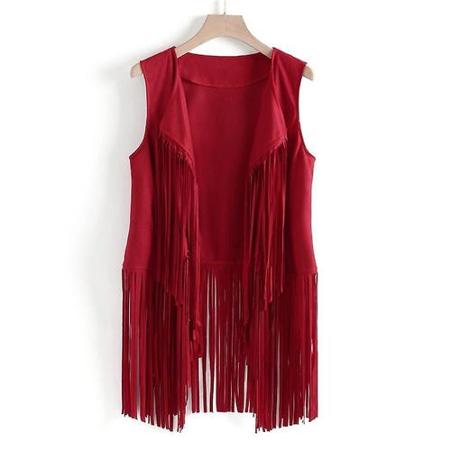 Gilet sans manches à pompon pour femme, veste Vintage hippie à franges en faux suède des années 70 et 1970, Cardigan 2XL rouge