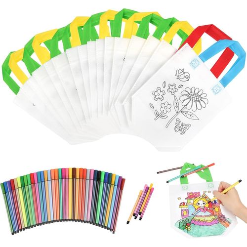 KALANKA-Ensemble de sacs en tissu pour enfants, 16 pièces de sacs à peindre pour enfants, 36 pièces de stylos à gribouiller colorés, sacs non tissés à peindre, idéaux pour les fêtes d'anniversaire, l