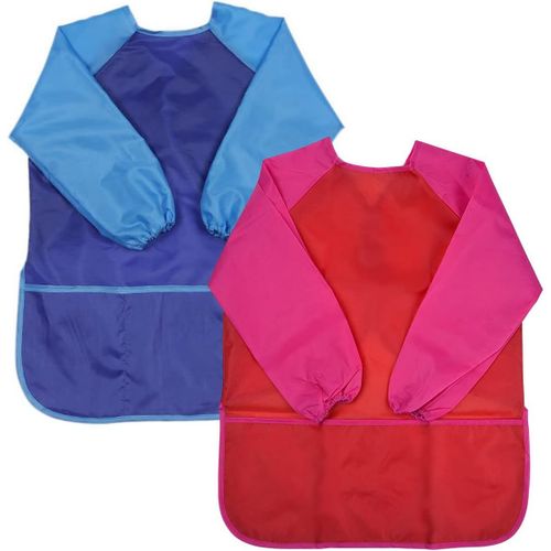 KALANKA-2 Pcs Tablier Peinture Enfant, Imperméable Blouse de Peinture avec Manches Longues et 3 Poches, Smock d'Art pour 5-10 Ans Enfants L'école Activités, Cuisine, Nourrissage, Bleu & Rouge (Modére