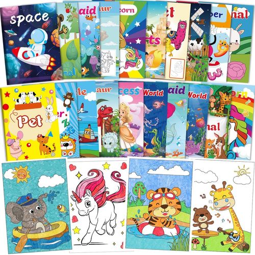 KALANKA-20 Livres de Coloriage pour Enfants, Mini Livres de Coloriage pour Fillers de Sacs de Fête, Pack de Coloriages pour Enfants de 2 à 8 ans, Thèmes-Animaux, Sirènes, Dinosaures, Espace et Océan