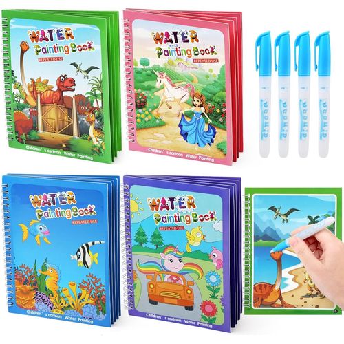 KALANKA-4 PCS Peinture avec Livres d'Eau pour Tout-Petits, Jouets de Voyage et Coloriage sans Désordre, Peinture Magique avec Livres d'eau Cadeau Artisanat d'Art avec Pinceau cour âgés de 3 4 5 6 Ans
