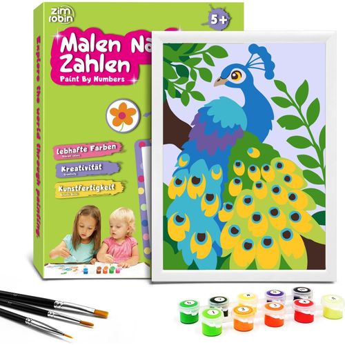 KALANKA-Peinture Numero Enfant -13×18cm Peinture par numéros enfants à partir de 5 6 7 ans fille et garçonCadeau créatif avec cadre 3 pinceaux et peinture acrylique (Magnifique paon)