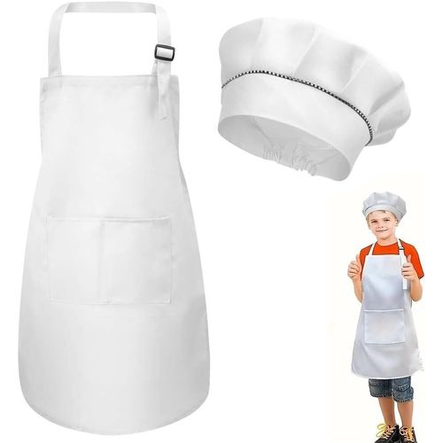 KALANKA-Tablier Cuisine Enfant,Tablier Enfant et Chapeau de Chef Set,Réglables Tablier Enfant,Tablier Enfant Cuisine Blanc,Bambin Tablier avec Poches,Tablier Enfant Peinture pour Filles Garçons 6-13