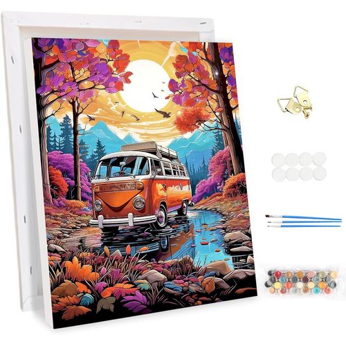 Kalanka-Peinture Par Numero Adulte Avec Cadre Voyage En Voiture, Couleurs Automnales Kit De Peinture À L'huile Sur Toile Par Numéro, Peinture Acrylique Pigmentée Decoration Maison Cadeau 30x40cm