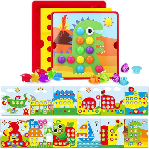 KALANKA-Enfant jeu mosaique enfant Jeux Mosaïque Colorée Montessori 2 3 4 Ans Jeux Contient 46 perles et 12 cartes Mosaique Loisir Creatif Enfant d'apprentissage(Dinosaures)
