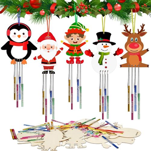KALANKA-10pcs Noël Carillons Bricolage pour Enfant Carillon à Fabriquer en Bois Carillon à Peindre Père Noël Renne Loisir Créatif Fille Garçon Carillon à Vent Fête Anniversaire