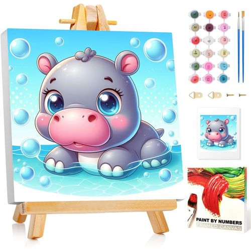 KALANKA-Peinture par numéros pour enfants avec cadre, hippopotame, peinture par numéros à partir de 5, 6, 7, 8, 9, 10 ans, fille et garçon, pour cadeaux et décoration murale, 20 x 20 cm, avec chevale