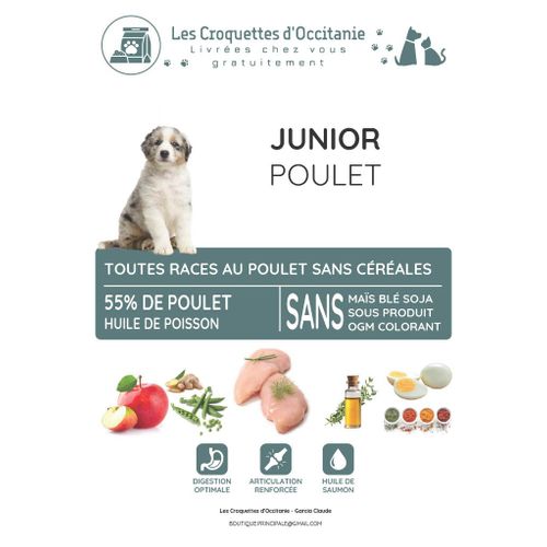 Les Croquettes D'Occitanie, Sac De 12kg Sans Céréales Chien Junior Poulet, Participe Au Développement Du Système Immunitaire Et Répond Aux Besoins Énergétiques De Votre Chiot En Pleine Croissance.