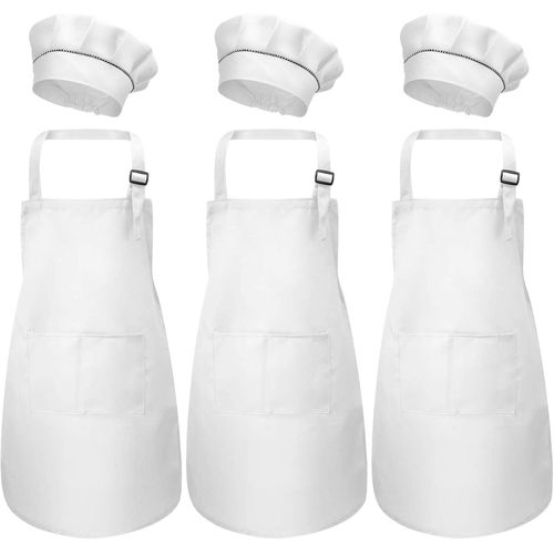 KALANKA-3 Set Tablier Enfant et Chapeau de Chef, Ajustable Bambin Tabliers de Cuisine avec Poches pour Filles Garçons, Tablier de Chef Jardin pour Cuisson Peinture L'artisanat (M pour 3-6 Ans)