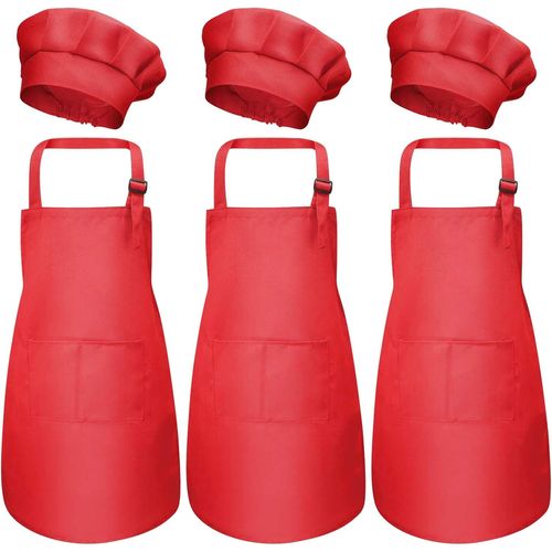 KALANKA-3 Set Tablier Enfant et Chapeau de Chef, Ajustable Bambin Tabliers de Cuisine avec Poches pour Filles Garçons, Tablier de Chef Jardin pour Cuisson Peinture L'artisanat (M pour 3-6 Ans)