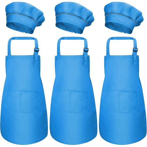 KALANKA-3 Set Tablier Enfant et Chapeau de Chef, Ajustable Bambin Tabliers de Cuisine avec Poches pour Filles Garçons, Tablier de Chef Jardin pour Cuisson Peinture L'artisanat (M pour 3-6 Ans)