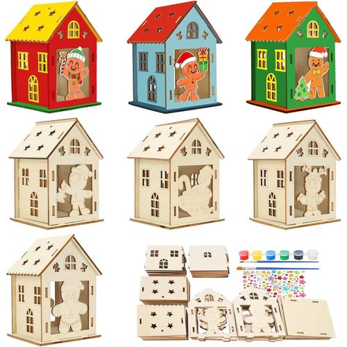KALANKA-7pcs Kit de Loisirs Créatifs Noel Maison en Bois Bonhomme en Pain d'épice à Colorier et à Assembler Kit de Bricolage Noel pour Enfant Décoration Centre de Table Noel Suspension Arbre de Noel