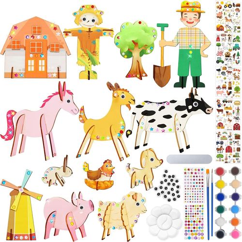 KALANKA-Kits de Bricolage Animaux de la Ferme, 66 Pièces Décoration Bois Animal de Ferme avec 10 Autocollants de Tatouage de Ferme, Animaux Loisirs Creatif Activites Manuelles en Bois