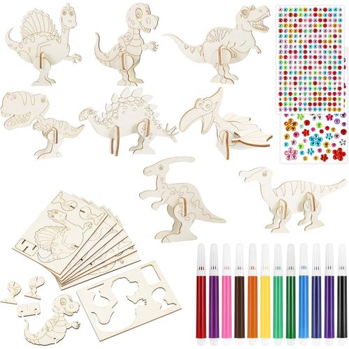 KALANKA-16 pièces Kit de Bricolage en Bois 3D Puzzle Dinosaure à Peindre pour Enfants dès 4 ans, avec 12 Crayons Aquarelle et 2 Autocollants de Pierres Précieuses pour Anniversaire, DIY