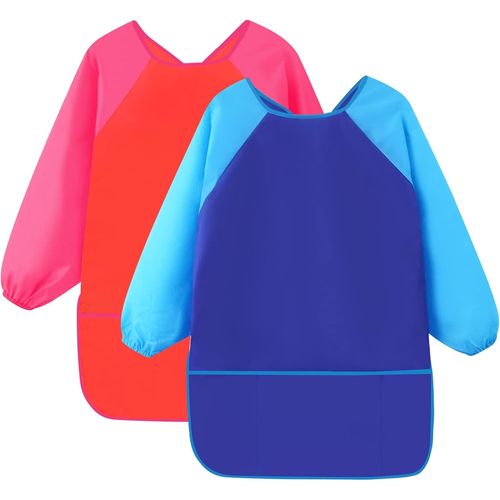 KALANKA-2PCS Blouse Peinture Enfant, Tablier Peinture Imperméable, Tablier Peinture Enfant avec Manches Longues et 3 Poches, Tablier Artisanal Enfant pour Peinture Cuisine L'école Activités, 5-10 ans