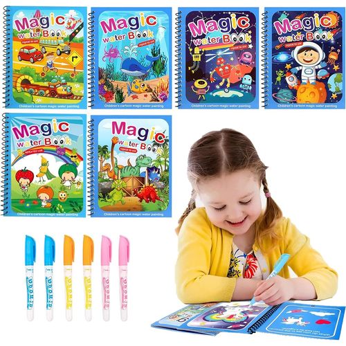 KALANKA-Cahiers de Coloriage à Eau 6 Pièces Coloriage Magique Book Livre de Coloriage D'eau Réutilisable Peinture Magique à L'eau Cahier de Dessin Magique pour Enfants 3 Ans Plus