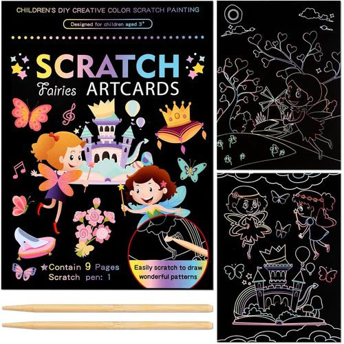 KALANKA-Dessin Gratter pour Enfants, Bloc-Notes Noir avec Stylet en Bois, Carte a GratterEnfant Papier à Gratter Magique Ensemble d¿Art Cadeaux pour Filles Garço