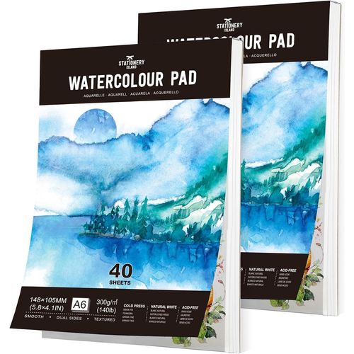 Kalanka-Stationery Island Papier Aquarelle A6, 40 Feuilles Carnet Aquarelle 300g. Bloc Aquarelle Papier A6 Lot De 2, Premium Double Texture. Papier Pour Aquarelle, Dessin Et Croquis. Bloc Aquarelle D