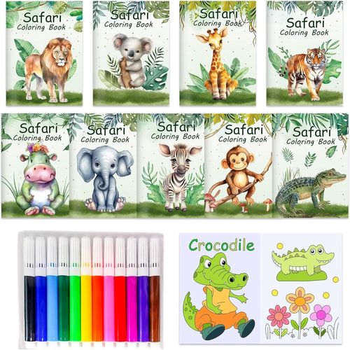 KALANKA-9 pcs mini livres de coloriage animaux en vrac de la jungle et du safari avec stylos petits livres d'activités avec eléphant lion zerb girafe party favors birthday supplies