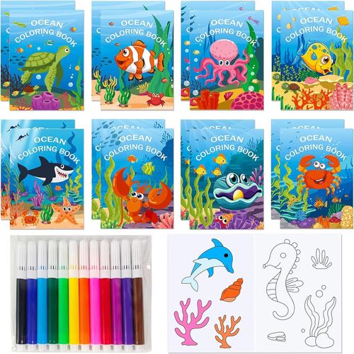 KALANKA-16 pcs mini livres de coloriage remplissage de fête sous la mer en vrac avec des stylos petits livres d'activités avec animaux de l'océan sirènes accessoires d'anniversaire